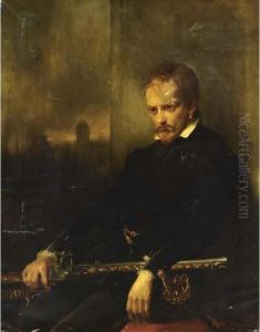 Portrait Of A Seated Man In 17th Century Dress With A Rifle Resting On His Lap. by Gustaaf Wappers
