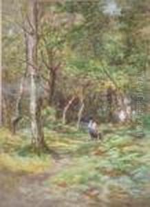 Mother And Children On The Path To The Cottage. by Cyril Ward