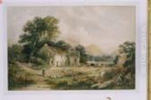 Farmyard Scene With Figurines, Buildings &amp;livestock Within An Extensive Landscape by Cyril Ward