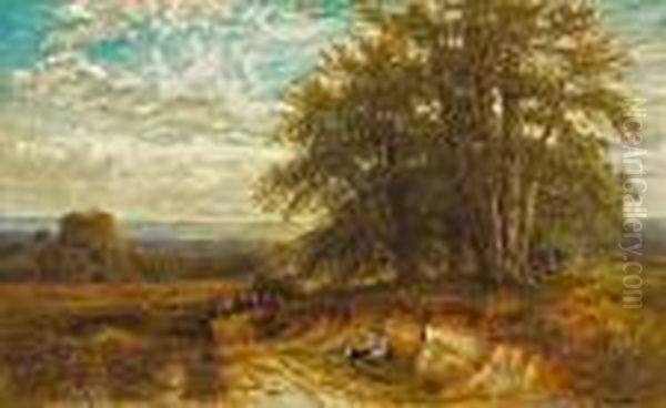 An Extensive Landscape With A
Haywagon And Figures On The Road With Another Figure Resting In The
Foreground - view 1