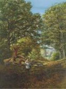 A Young Girl By A Fallen Oak In A Woodland Clearing