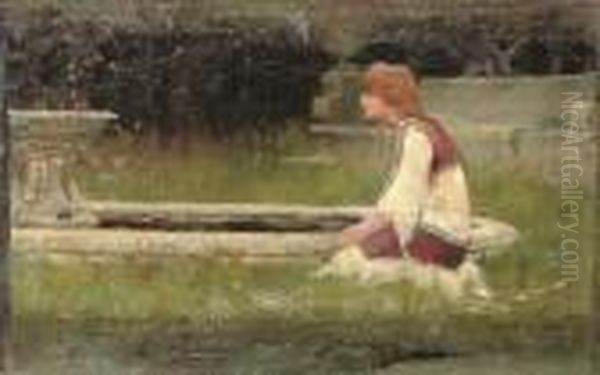Girl Kneeling By Fountain - view 1