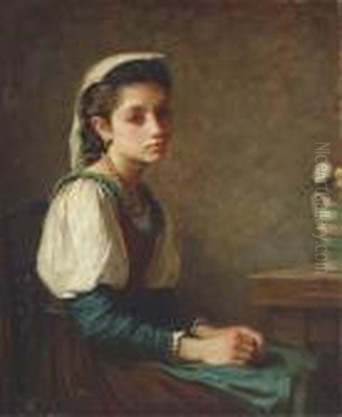 Portrait Of A Young Girl, Seated, With A Vase Of Daisies - view 1