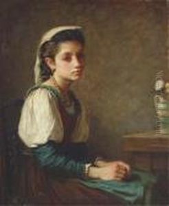 Portrait Of A Young Girl, Seated, With A Vase Of Daisies