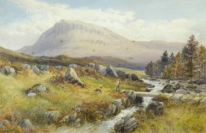 A Herdsman And His Dog In An Extensive Highland Landscape by Ernest Albert Waterlow