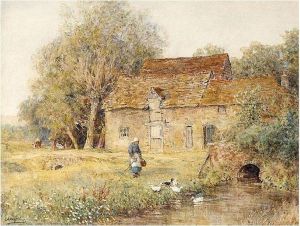 A Woman With Ducks Outside A Cottage by Ernest Albert Waterlow
