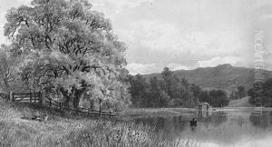Figures Having A Picnic Beside A Lake In A Mountainouslandscape Figures Having A Picnic Beside A Lake In A Mountainouslandscape