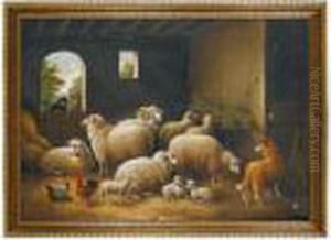 Flock Of Sheep In Stable With Collie by Susan C. Waters