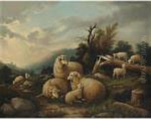 Lambs And Sheep In A Landscape by Susan C. Waters