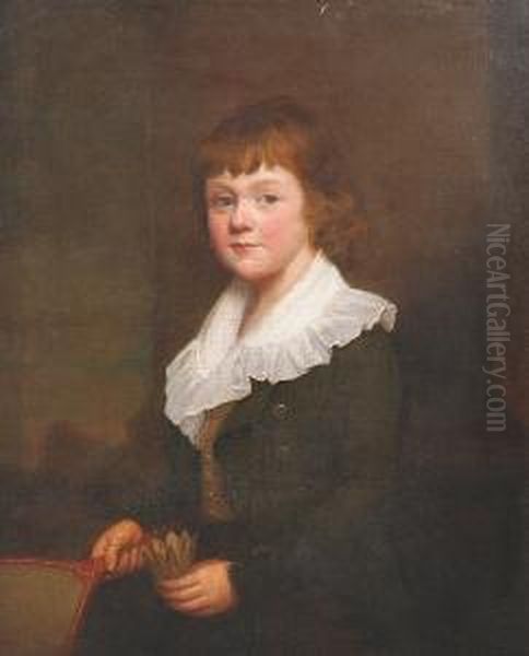 A Portrait Of George Edward
Russell, As A Boy, Standing Three-quarter Length By A Column, Wearing A
Green Jacket And A White Shirt, Holding A Battledore And Shuttlecock - view 1