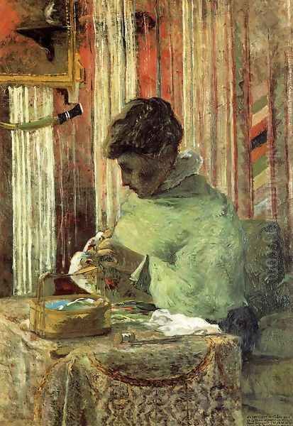 Woman Embroidering - view 1