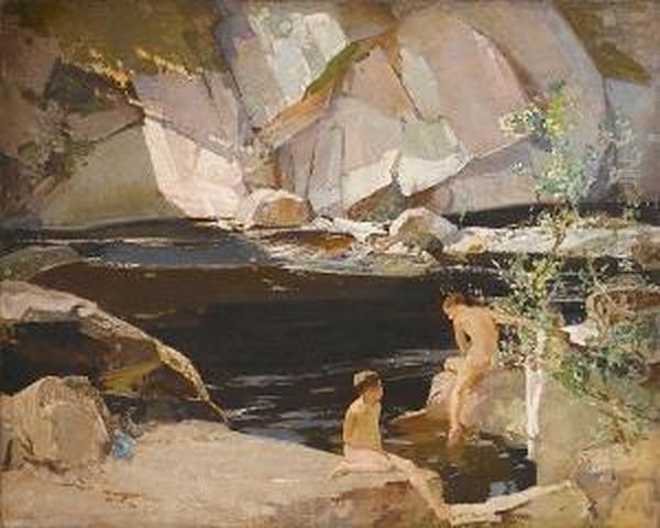 Two Boys Bathing In A Rockpool - view 1