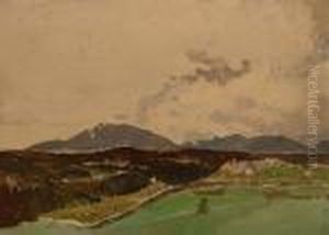 Mountain Landscape With Green Fields In The Foreground.