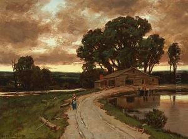Figure On The Road And Farmhouse At Sunset - view 1