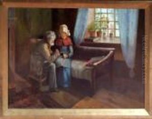 A Cottage Interior With An Elderly Couple Looking At Aphotograph by James Watson