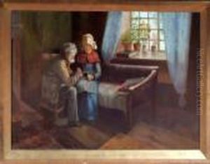 A Cottage Interior With An Elderly Couple Looking At A Photograph