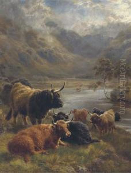 Highland Cattle In A Loch Landscape - view 1