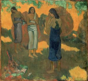 Three Tahitian Women Against A Yellow Background by Paul Gauguin