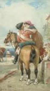 Rws -- A Departing Embrace; Watercolour, Signed With Initials And Dated 1884, 35x19cm