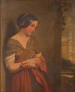 A Young Girl Leaning Against A Wall With A Red Shawl
