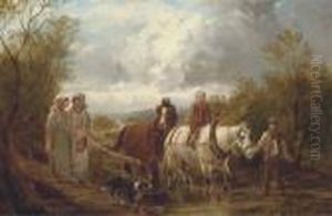 Through The Ford; And Figures Seated Under A Tree With Carthorses