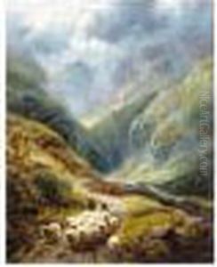 Shepherd With His Flock In A Highland Valley; Highland Cattle Crossing A Stream