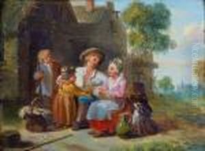Famille De Paysans Dans Une Cour De Ferme by Louis Joseph, Dit Watteau De Lille