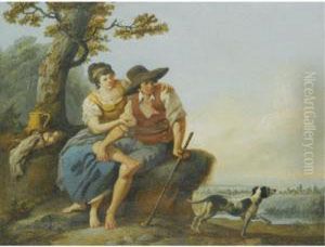 A Milkmaid And A Shepherd In A Landscape Together With Their Dog by Louis Joseph, Dit Watteau De Lille
