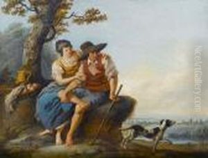 A Young Peasant Couple Resting
Beneath A Tree With A Dog At Their Side, A View To A Landscape Beyond by Louis Joseph, Dit Watteau De Lille