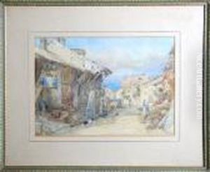 A Continental Town By The Sea With Figures And Poultry In The Foreground