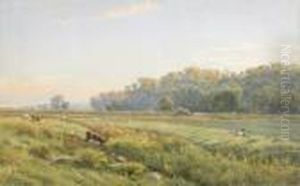 Ebene Landschaft Mit Weidenden Kuhen An Bach.