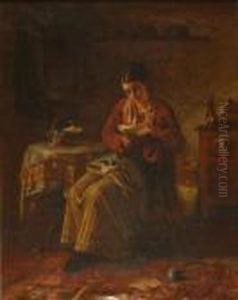 Young Woman Sitting, Reading A
Letter, Her Knittingforgotten In Her Lap, In A Kitchen Interior by William Harris Weatherhead