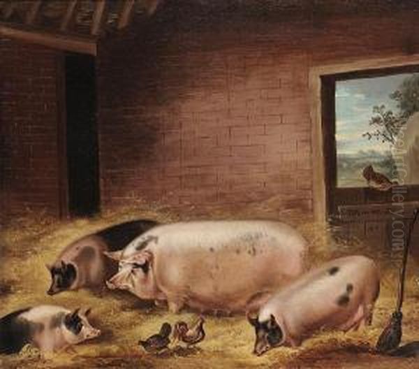 Four Pigs With Chickens In A Barn - view 1