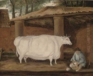 A Cow And A Farmer By A Barn