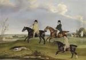 Mr. Jeremiah Whitehead, Mr. Cawlishaw, And Mr. Yates Coursing In Alandscape by Thomas Weaver