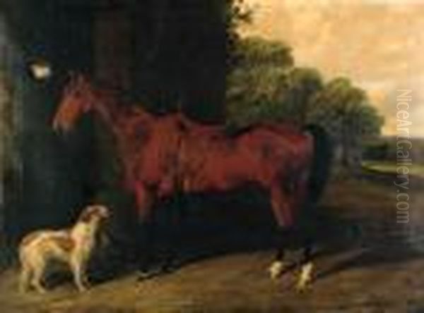 A Saddled Bay Hunter, With Dogs Outside A Stable - view 1