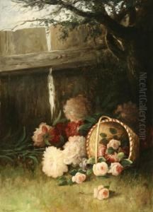 Fallen Basket Of Flowers In A Fenced Yard