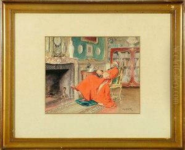 A Cardinal Seated At A Fireside Enjoying Coffee And A Cigar - view 1