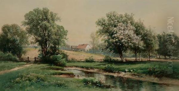 Spring Landscape With Apple Trees And Ducks By A Stream - view 1