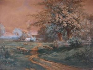 Landscape Of House With Grazing Sheep by Carl Weber
