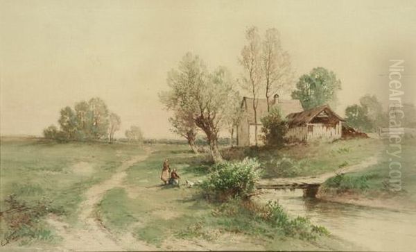 Landscape With Cottage And Figures Beside A Stream - view 1