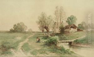 Landscape With Cottage And Figures Beside A Stream