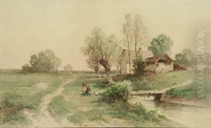 Landscape With Cottage And Figures Beside Astream