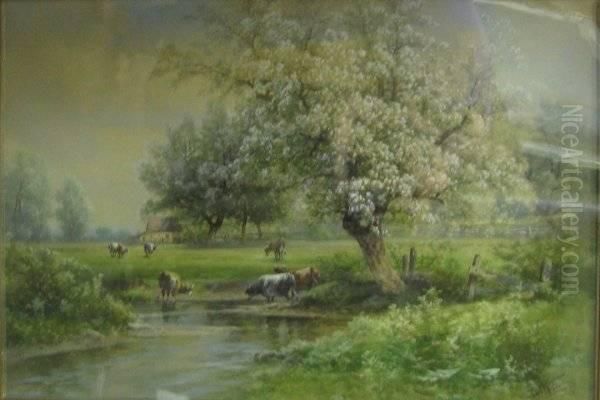 Cows Grazing By A Stream - view 1