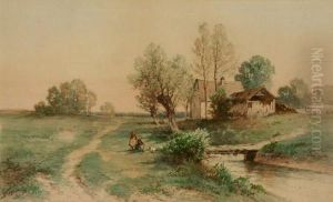 Landscape With Cottage And Figures Beside A Stream Andfootbridge