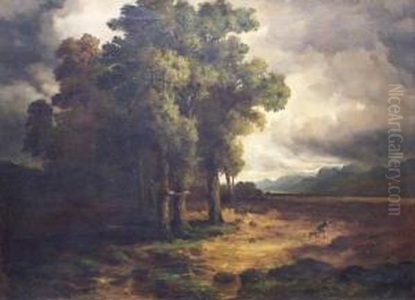 Landschaft Bei Aufziehendem Gewitter, Mit Einer Person Im Wehenden Mantel Nebst Hund - view 1