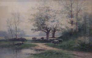 Sheep By A Brook In A Landscape