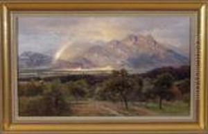 Weiter Blick Uber Einen Wald Auf Einen Regenbogen Uber Einer Stadt Am Fus Der Berge by Paul Weber