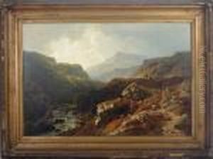 Shepherd Tending To His Sheep By A Mountain Stream by Paul Weber