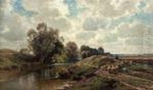 Summery Riverlandscape With A Flock Of Sheep Summery Riverlandscape With A Flock Of Sheep